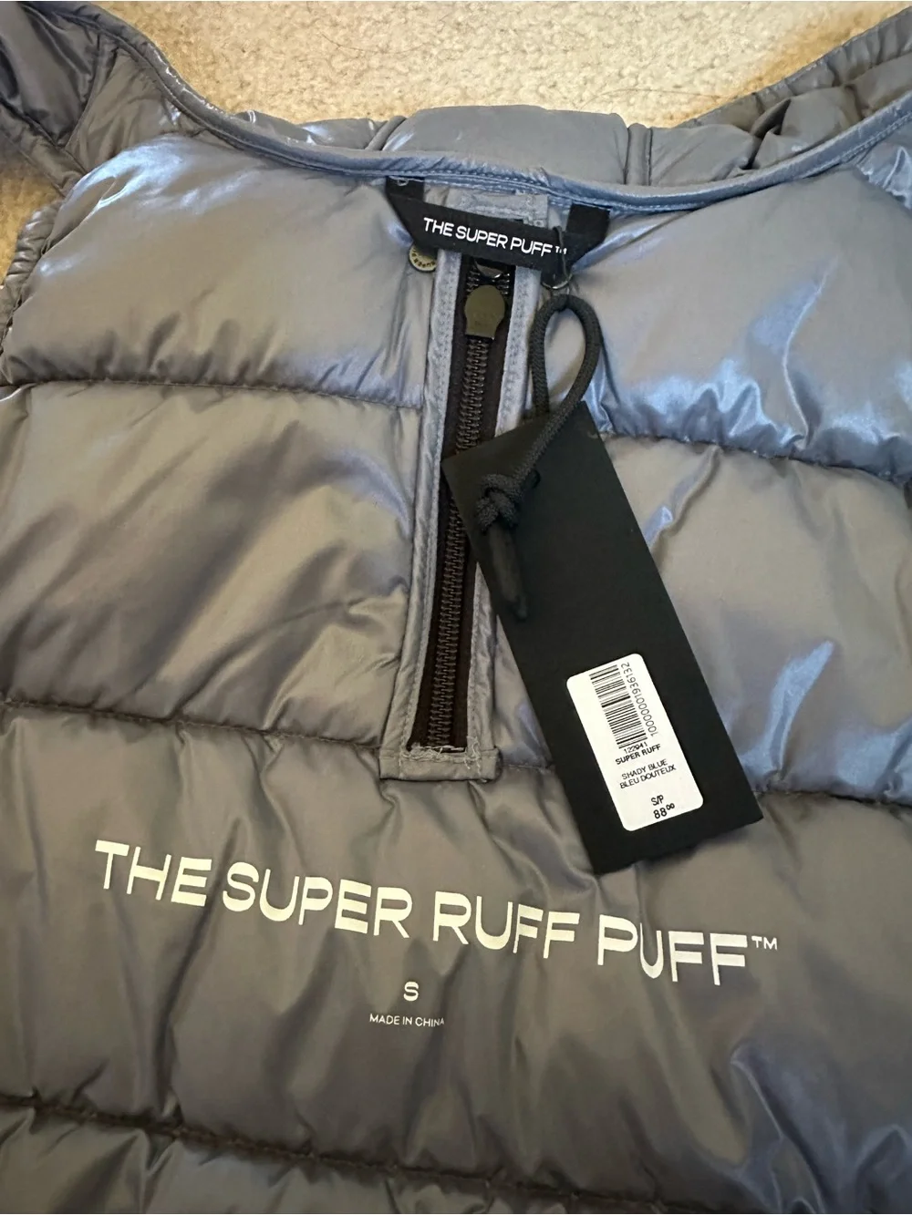 Aritzia Blue grey Quilted Puffer Dog Coat with Hood